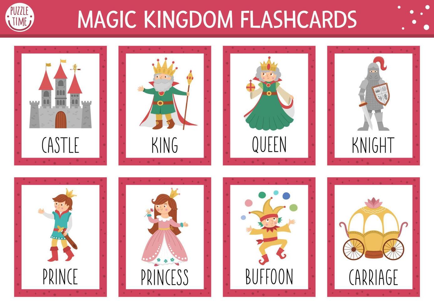 vector sprookjesachtige flitskaarten set. Engelstalig spel met schattig kasteel, koning, prinses, koningin voor kinderen. magische koninkrijk-flashcards met fantasiekarakters. eenvoudig educatief afdrukbaar werkblad.
