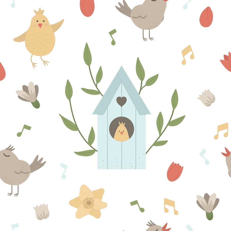 vector naadloos patroon met spreeuw-huis met bladeren, tjilpende vogel, eerste bloemen. schattige vogel huis achtergrond. lente digitaal papier