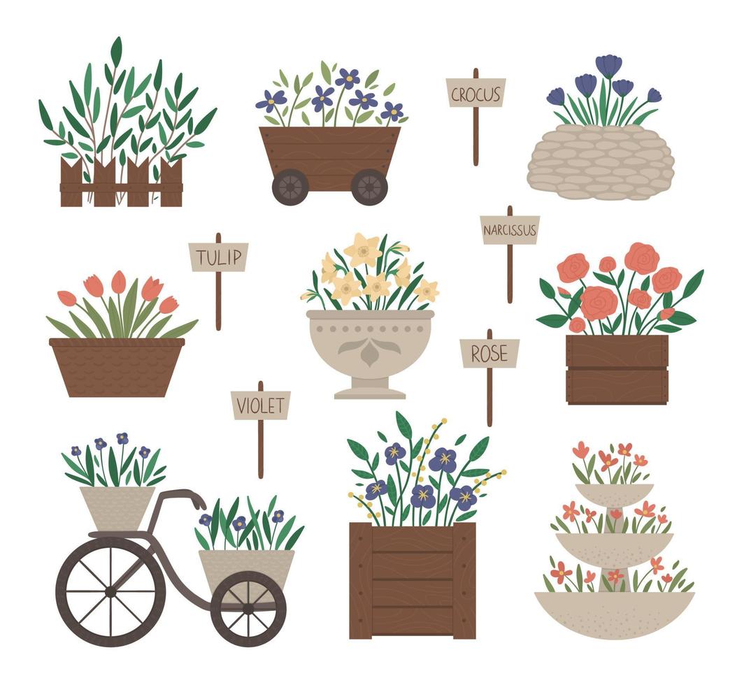 vectorillustratie van verschillende bloembedden. tuin decoratieve bloembedden met planten. verzameling prachtige lente- en zomerkruiden en bloemen met bordjes. vector