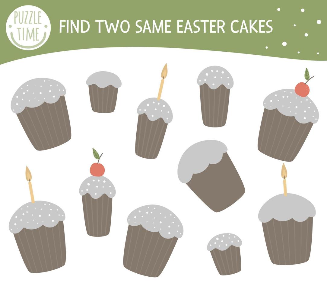 zoek twee dezelfde taarten. Pasen bijpassende activiteit voor kleuters met lekkere cupcake. grappig lentespel voor kinderen. logische quiz werkblad. vector