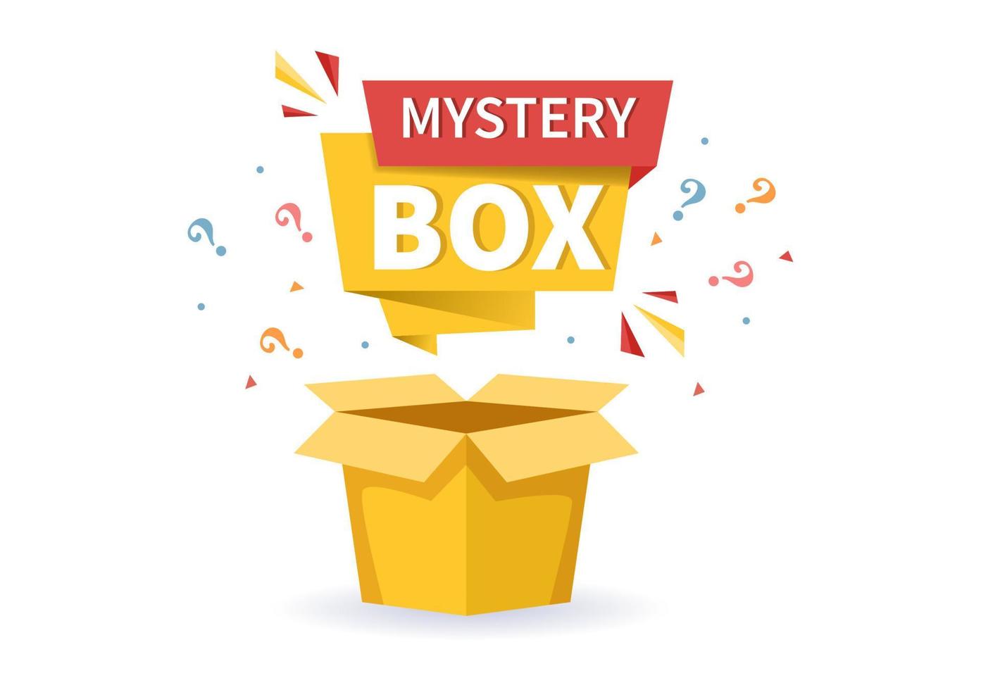 mysterie geschenkdoos met kartonnen doos open van binnen met een vraagteken, geluksgeschenk of andere verrassing in platte cartoon-stijl illustratie vector