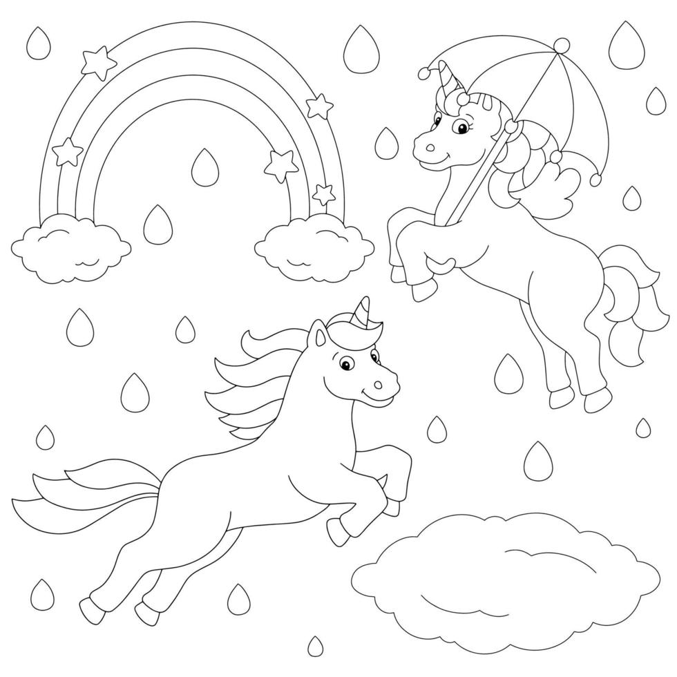 eenhoorns lopen in de regen. kleurboekpagina voor kinderen. stripfiguur in stijl. vectorillustratie geïsoleerd op een witte achtergrond. vector