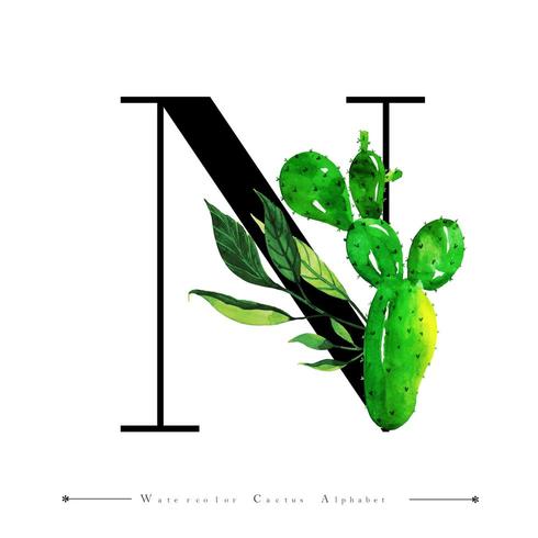 Alfabet Letter N met aquarel cactus en bladeren vector