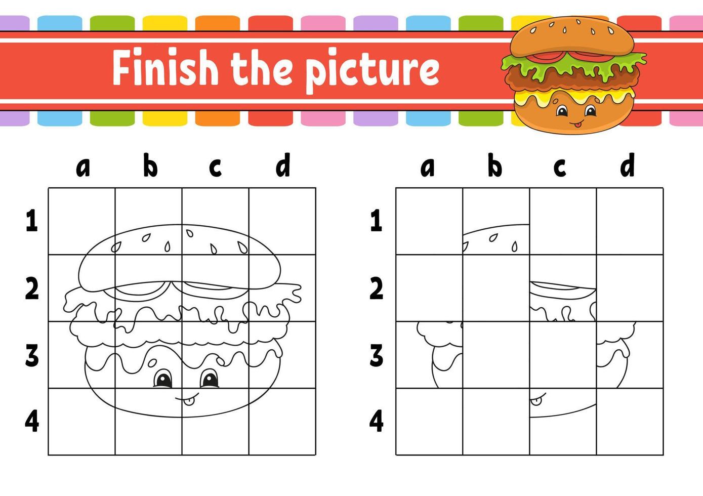 maak de foto af. kleurboekpagina's voor kinderen. onderwijs ontwikkelen werkblad. spel voor kinderen. handschrift oefenen. stripfiguur. vectorillustratie. thema barbecue. vector