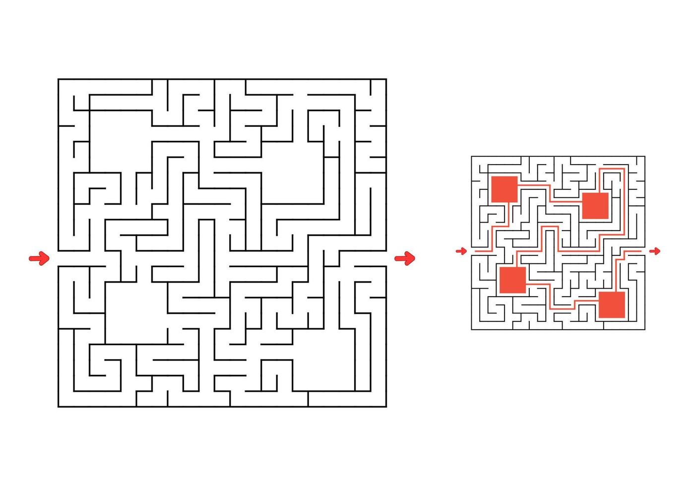 vierkant doolhof met antwoord. spel voor kinderen. puzzel voor kinderen. labyrint raadsel. de juiste weg vinden. vector