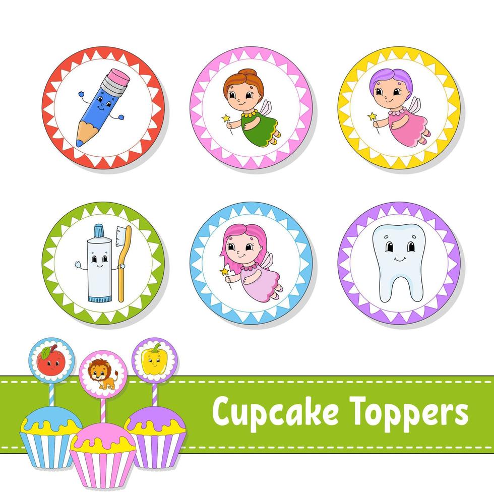 cupcake toppers. set van zes ronde foto's. stripfiguren. schattig beeld. voor verjaardag, py, baby shower. vector