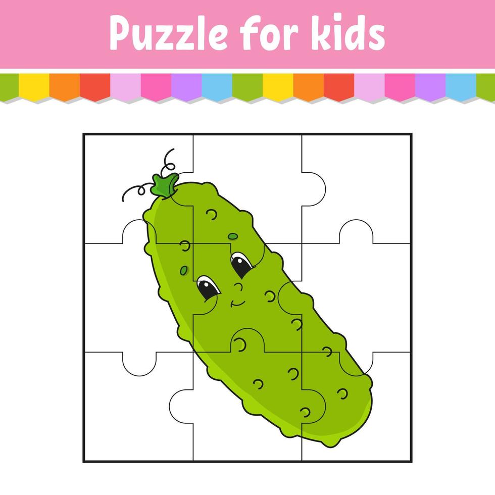 puzzelspel voor kinderen. plantaardige komkommer. puzzel stukjes. kleuren werkblad. activiteiten pagina. geïsoleerde vectorillustratie. cartoon-stijl. vector