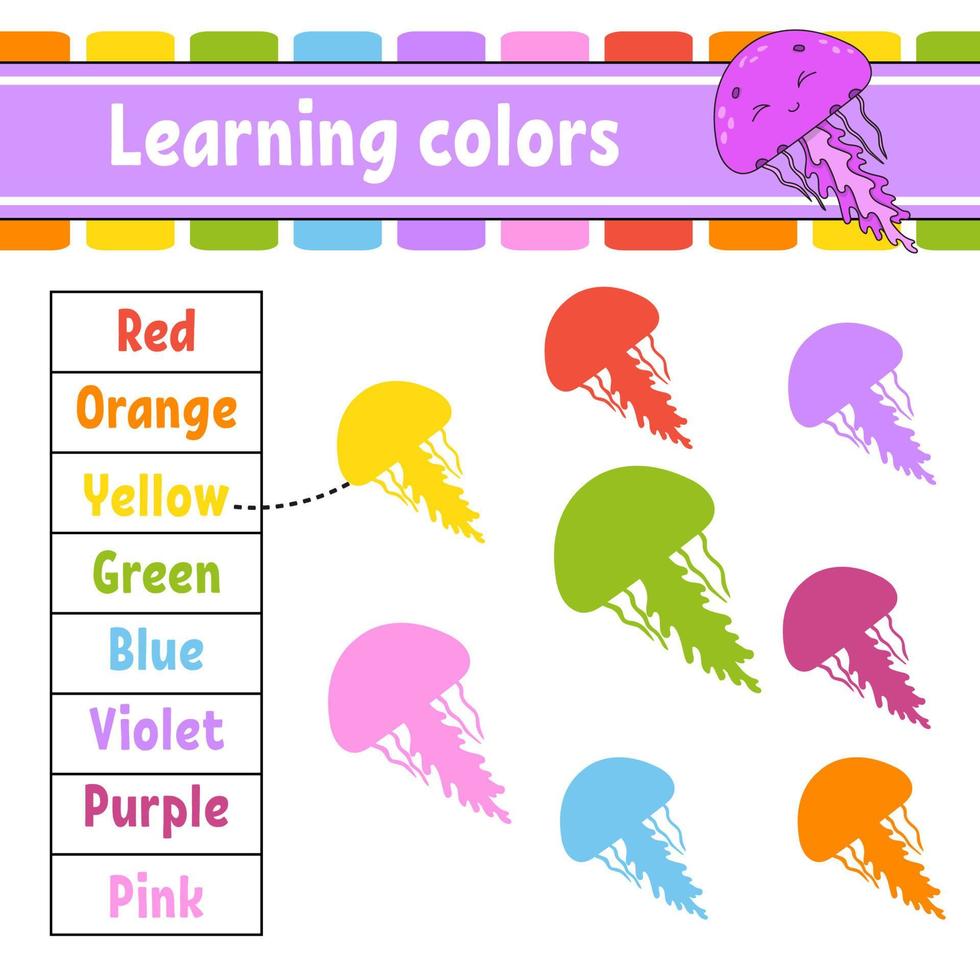 kleuren leren. onderwijs ontwikkelend werkblad. activiteitenpagina met afbeeldingen. spel voor kinderen. geïsoleerde vectorillustratie. grappig karakter. cartoon stijl. vector