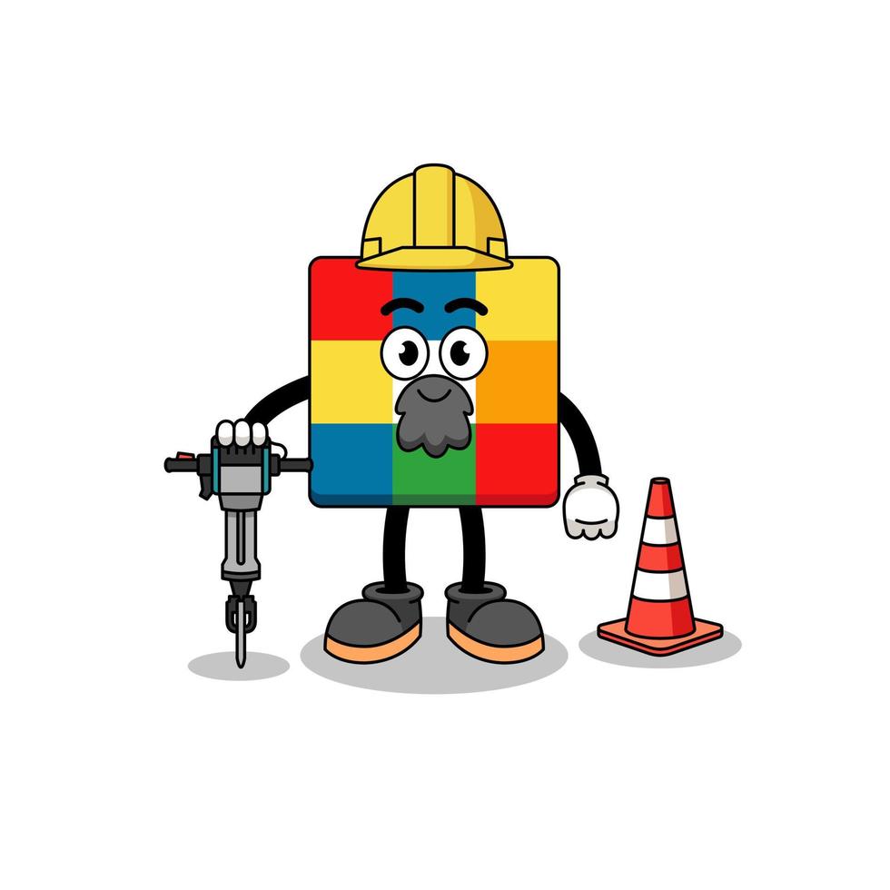 karakter cartoon van kubus puzzel bezig met wegenbouw vector