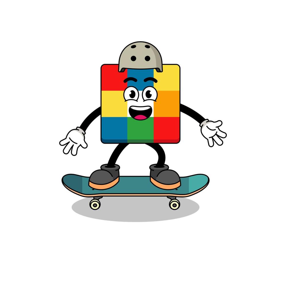 kubus puzzel mascotte spelen een skateboard vector