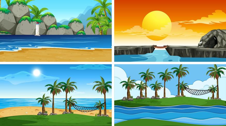 Set van tropische oceaan natuur scènes met stranden vector