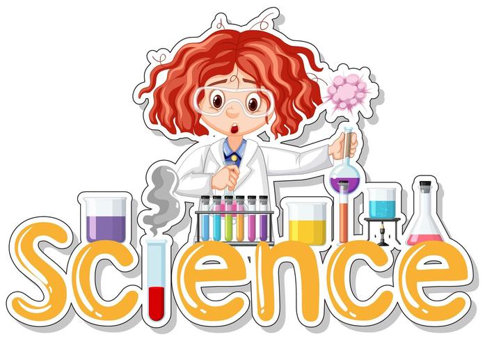 Stickerontwerp met wetenschapper die experimenten doet en het woord Wetenschap vector