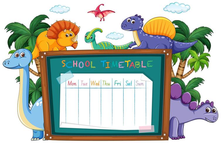 School tijdschema geplakt op schoolbord omringd door dinosaurussen vector