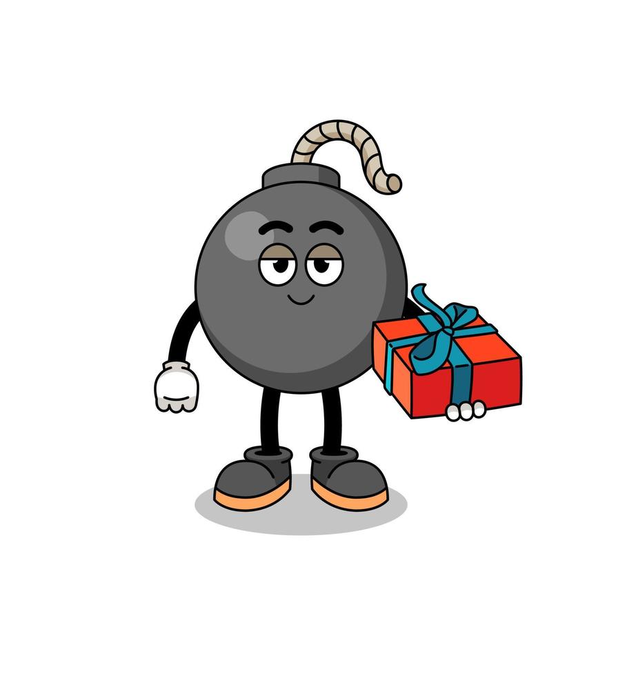 bom mascotte illustratie een geschenk geven vector