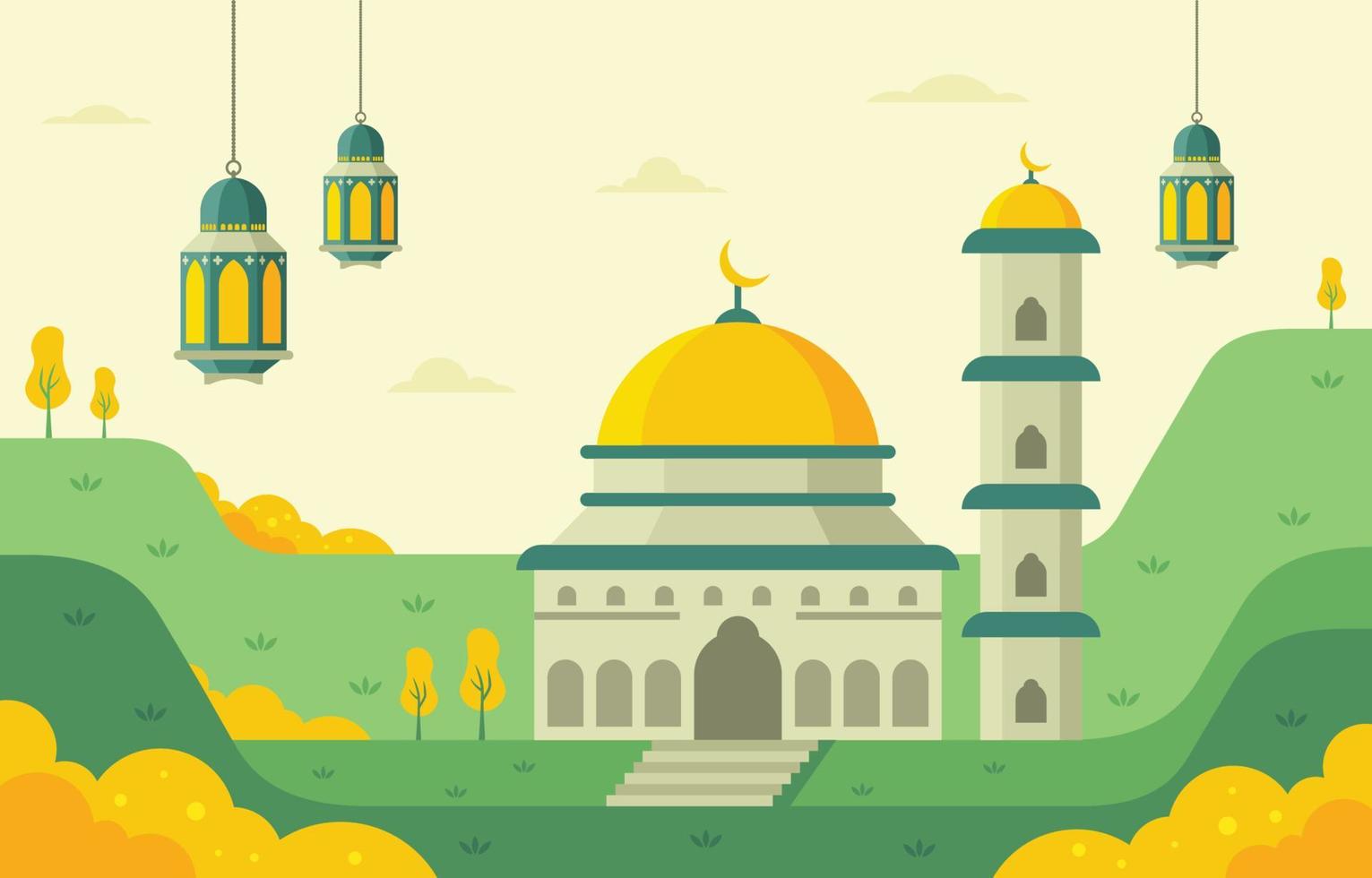 eid mubarak moskee en lantaarn achtergrond vector