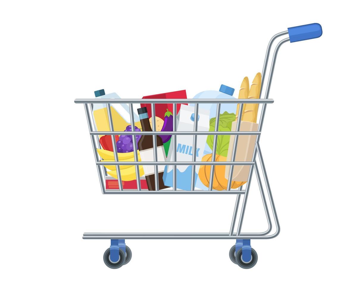 winkelen supermarkt kar vol met items vector