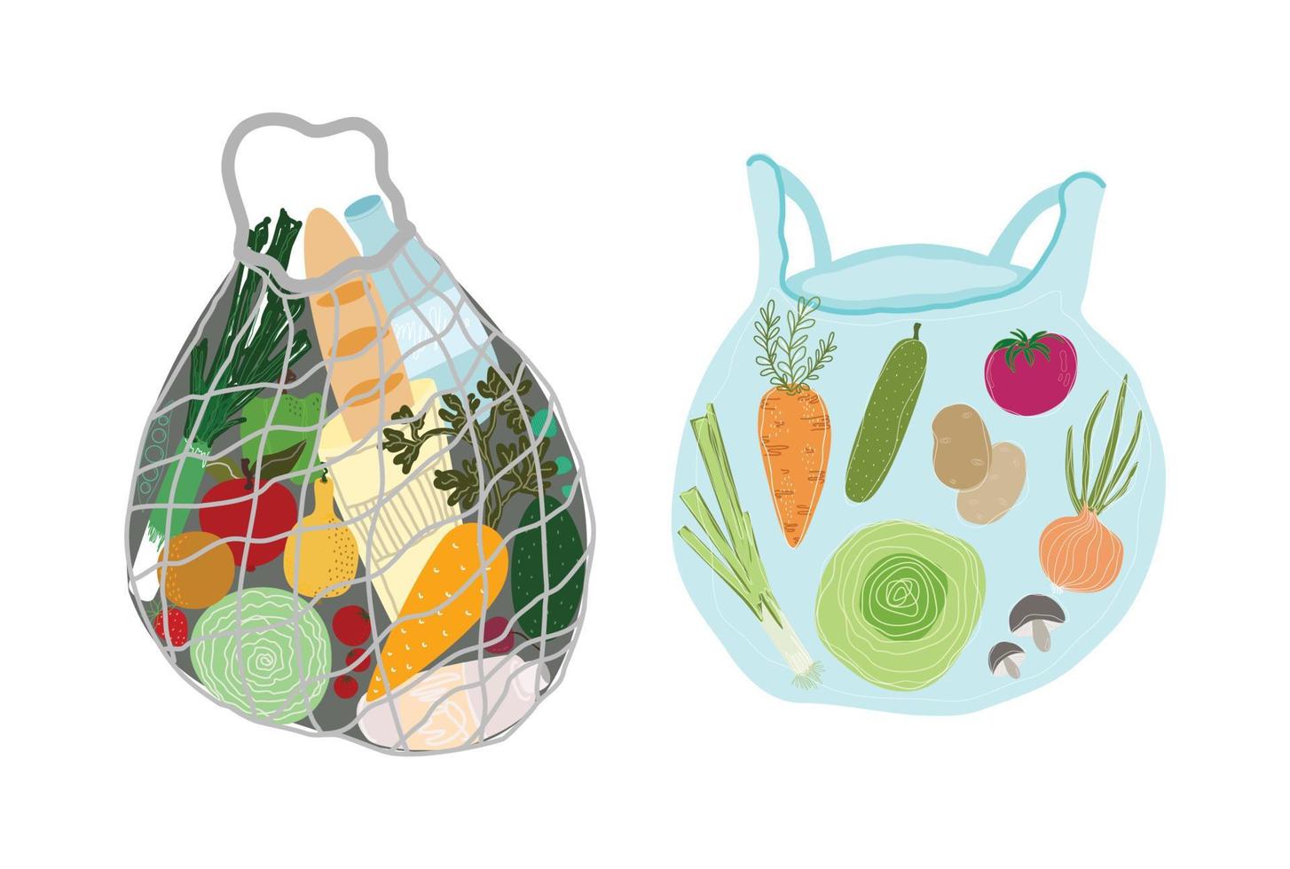 boodschappentas en schildpad tas platte vector illustraties set. boodschappen, tas met biologische producten. natuurlijke voeding, biologische groenten en fruit. warenhuis goederen