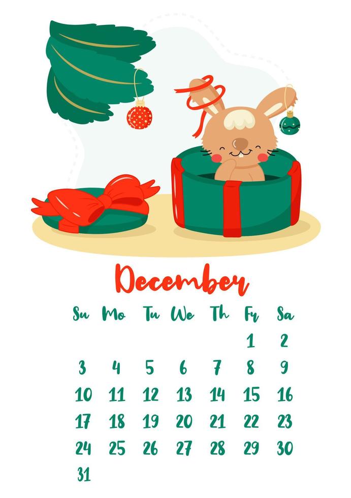 verticale vectorkalender voor december 2023 met schattige cartoon kerstkonijn in een geschenkdoos. het jaar van het konijn volgens de chinese kalender, symbool van 2023. week begint op zondag. vector