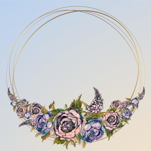 Rond gouden frame met waterverfbloemen. vector