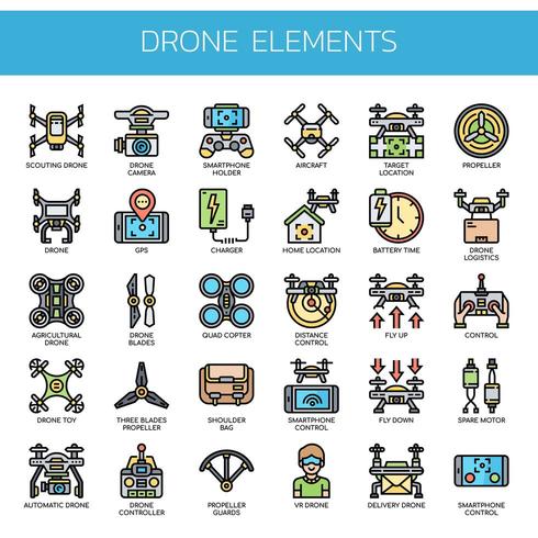 Drone-elementen Dunne lijnkleurpictogrammen vector