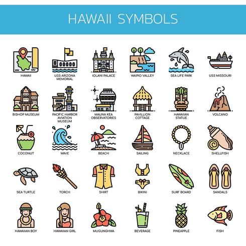 Hawaii symbolen dunne lijn kleur pictogrammen vector