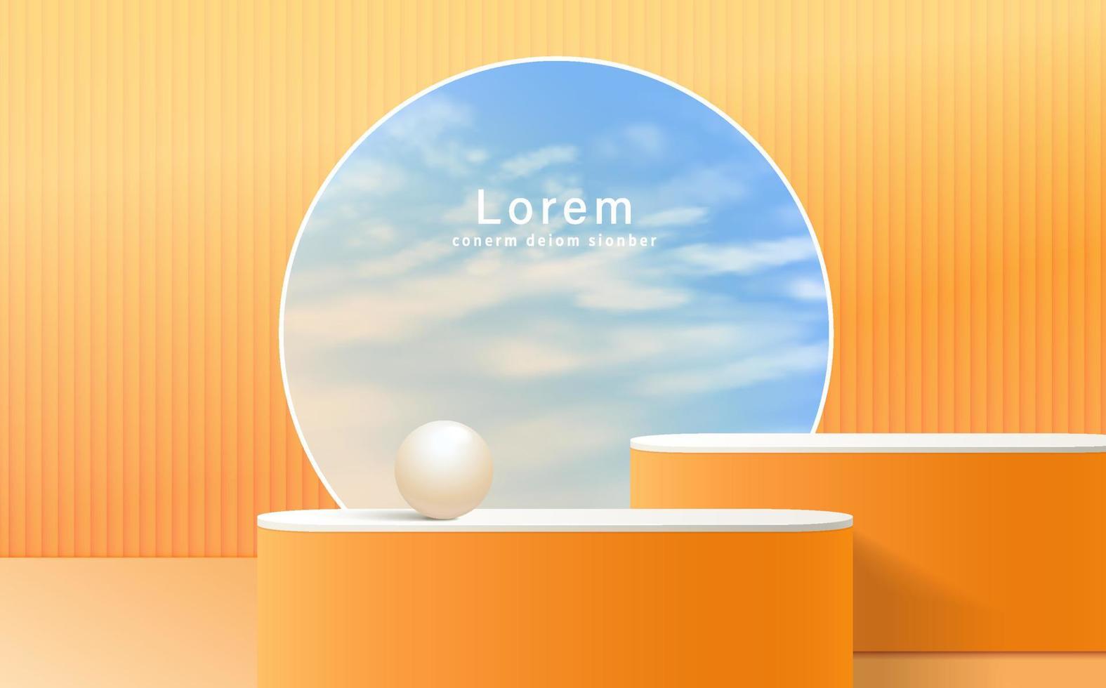 minimale abstracte scène met podium, lucht vliegende geometrische bellenvormen op oranje achtergrond. vector