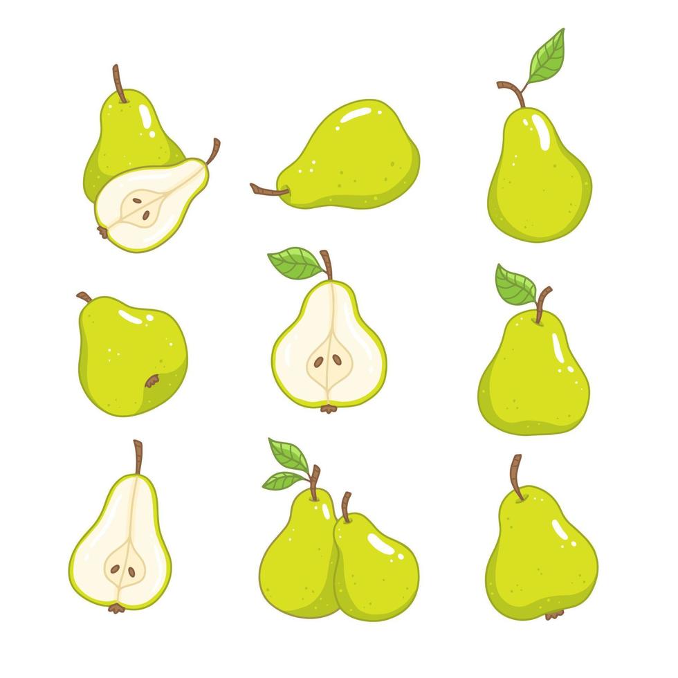 set met groene peren in cartoon-stijl. een hele peer, een schijfje peer. vector geïsoleerde voedsel illustratie.