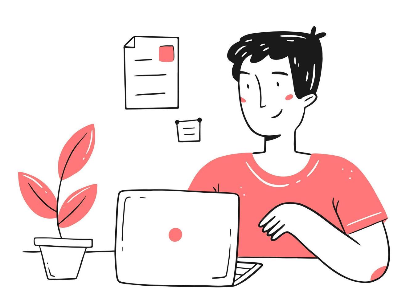 een jonge, gelukkige freelancer werkt vanuit huis op een laptop in een lineaire doodle-stijl. kantoor aan huis concept. vector geïsoleerde illustratie.