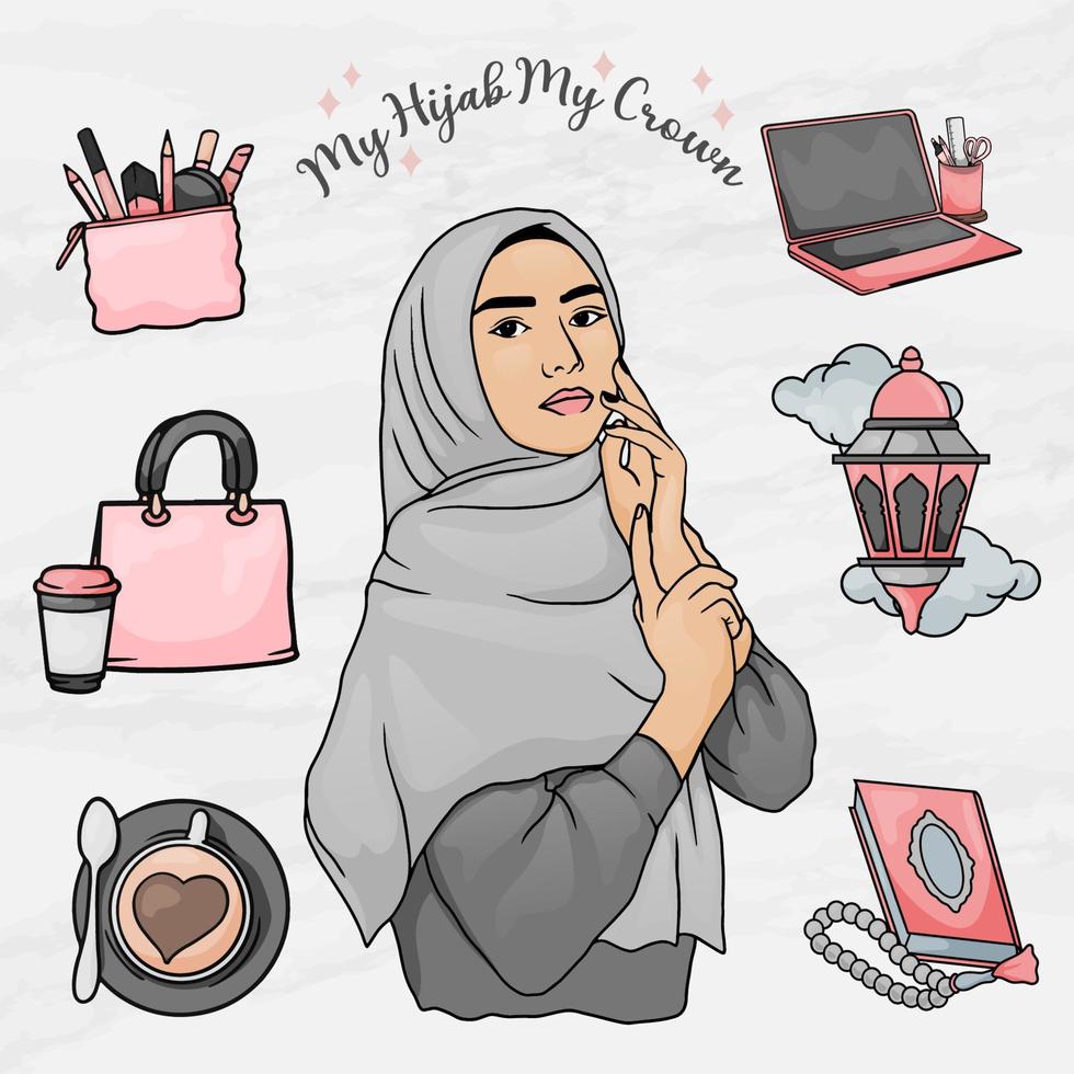 schoonheid vrouw hijab meisje sticker element objecten set sjabloon vector