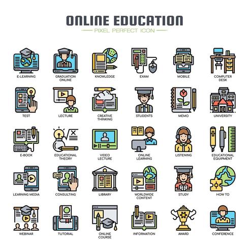 Online onderwijs dunne lijn pictogrammen vector