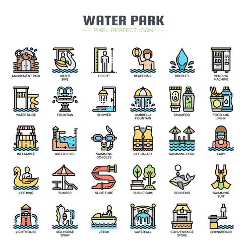 Waterpark dunne lijn pictogrammen vector