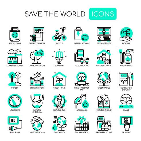 Save The World Dunne lijn zwart-wit pictogrammen vector