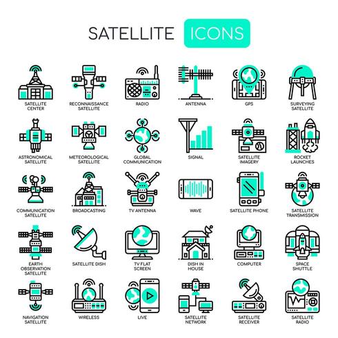 Satellietelementen Dunne lijn zwart-wit pictogrammen vector