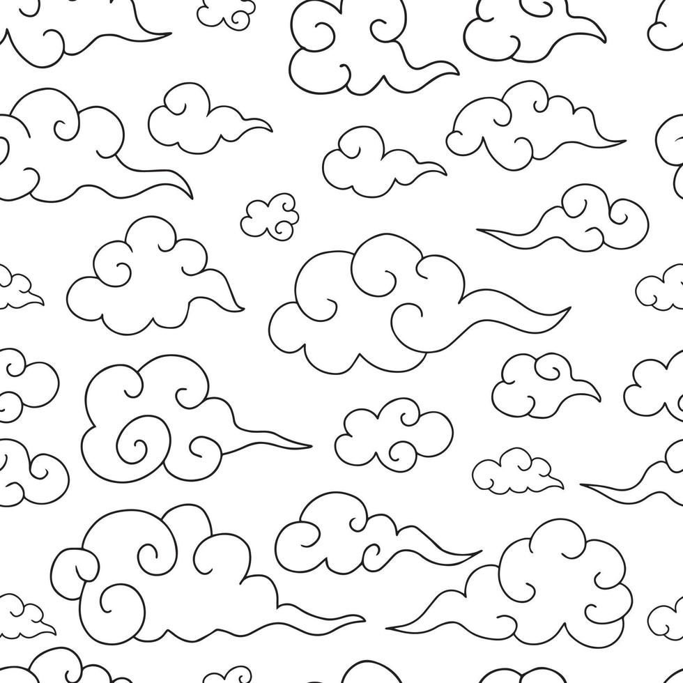 naadloze patroon met traditionele oosterse wervelde wolken in zwarte omtrek op witte achtergrond. vector minimalistische Aziatische achtergrond voor wenskaart. medio herfstfestival, aapi-erfgoedmaand.