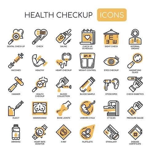 Gezondheidscontrole dunne lijn zwart-wit pictogrammen vector