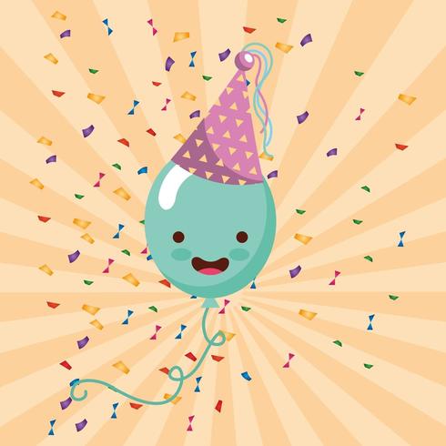 gelukkige verjaardagskaart met kawaii ballon in feestmuts vector