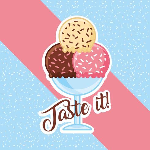 ijslepels in kom met Taste It-tekst en gespikkelde achtergrond vector