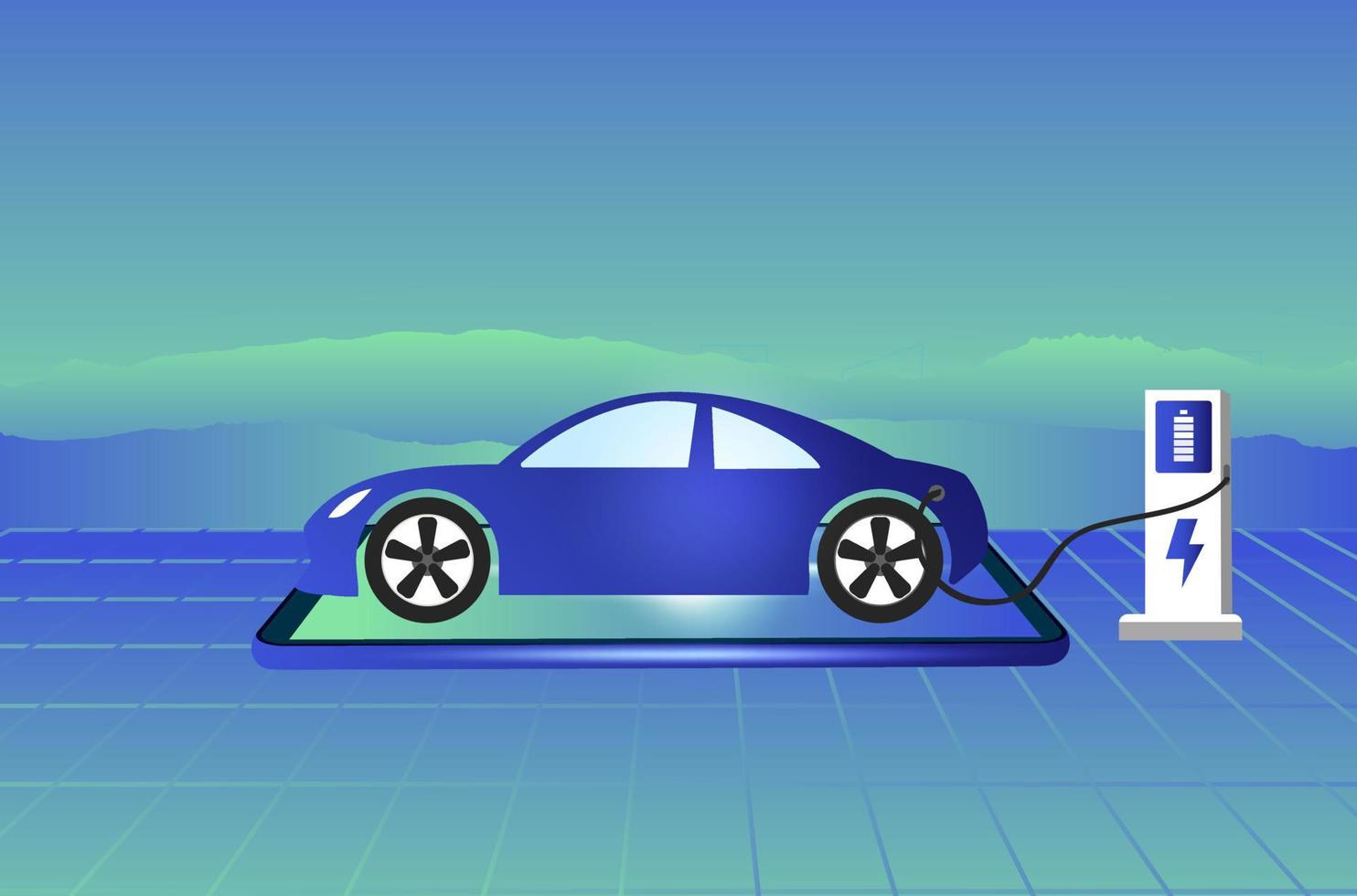 elektrische auto, ev auto, accu opladen bij elektrisch laadstation. duurzame groene energie voor ecologische omgeving. futuristische transporttechnologie. vector
