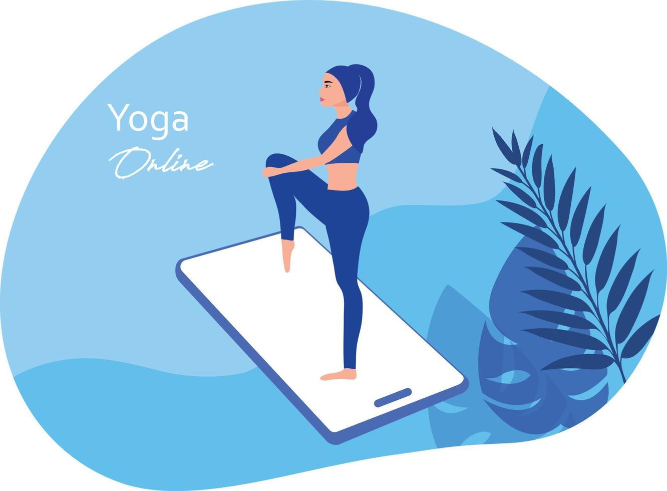 yoga online thuisconcept, vrouw die online yoga op mobiel kijkt en thuis aan lichaamsbeweging doet Vectorbeelden vector