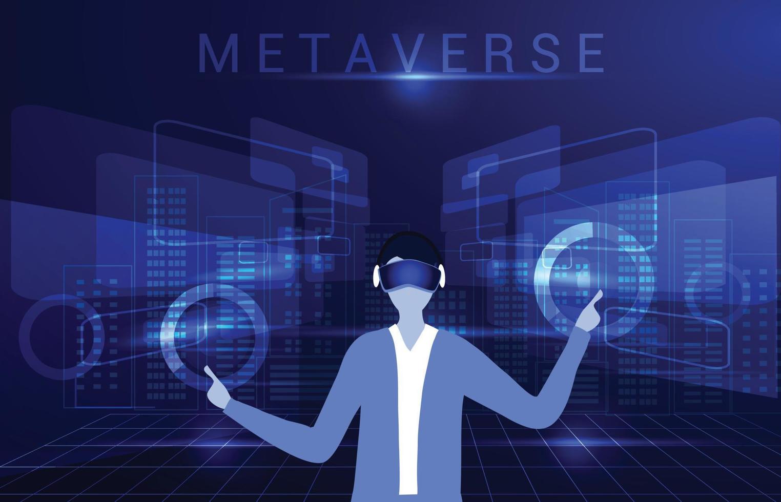 man met virtual reality-brilglas, met 3D-ervaring in virtual reality-vectorillustratie. metaverse en blockchain 3D-ervaringstechnologieconcept vector