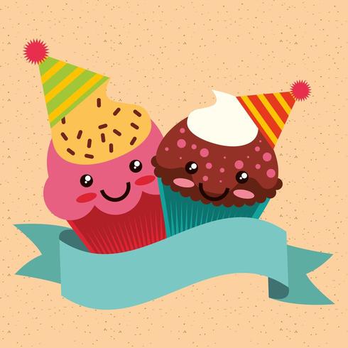 verjaardagskaart met kawaii cupcakes feestmutsen en banner dragen vector