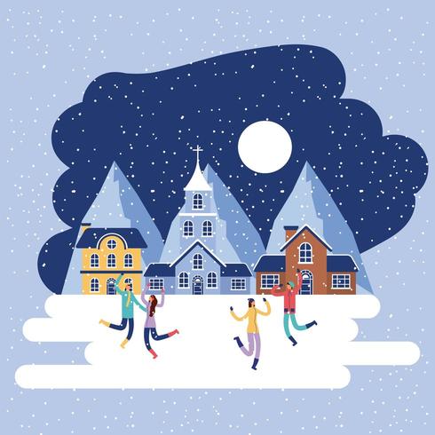 wintervakantie mensen kerk huis vector