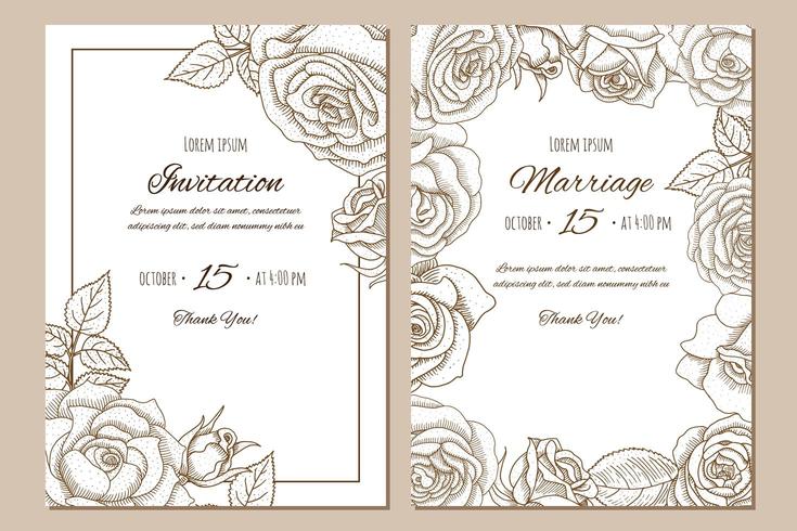 Set van vintage hand getrokken bruiloft uitnodiging met rozen. vector