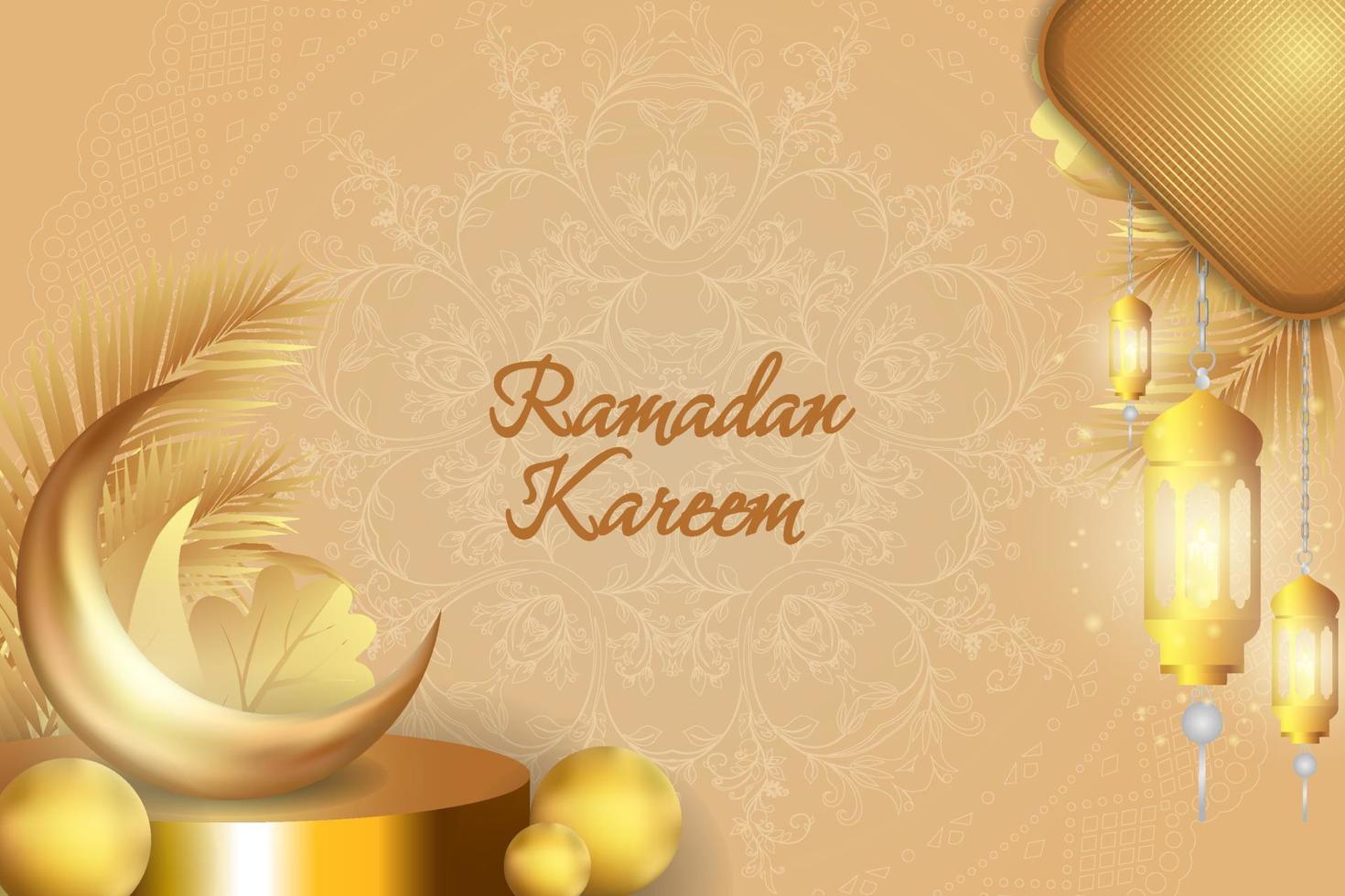 achtergrond ramadan kareem islamitisch zacht bruin en goud luxe met mandala en podium vector