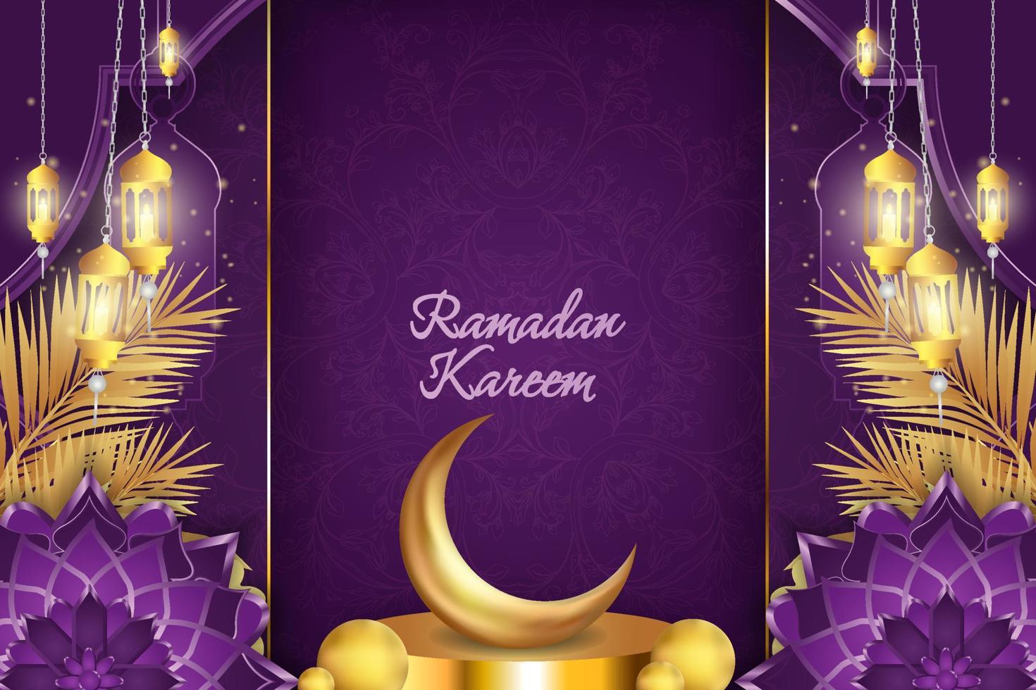 ramadan kareem islamitische paarse en gouden luxe achtergrond met mandala en podium vector