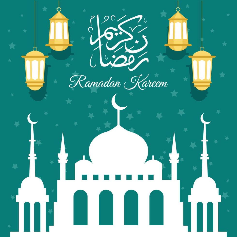 ramadan kareem wenskaart achtergrond vector ontwerp, islamitische feestdagen, met ster lamp moskee ontwerp en Arabisch schrift