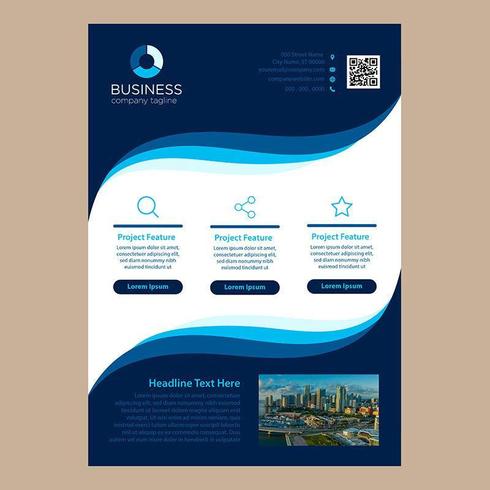 Eenvoudig blauw golvend ontwerp één pagina zakelijke brochure sjabloon vector