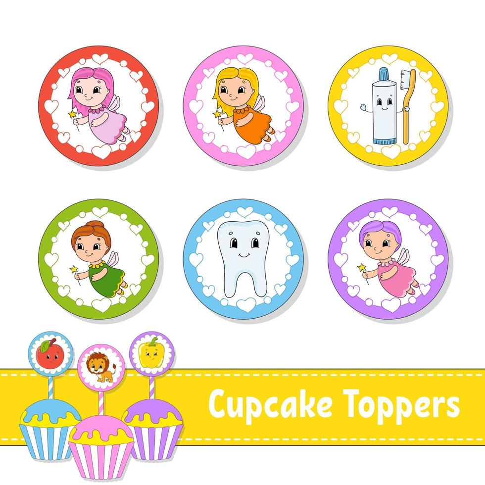 cupcake toppers. set van zes ronde foto's. stripfiguren. schattig beeld. voor verjaardag, py, baby shower. vector
