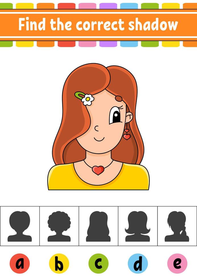 zoek de juiste schaduw. onderwijs ontwikkelen werkblad. activiteiten pagina. kleurenspel voor kinderen. geïsoleerde vectorillustratie. stripfiguur. vector