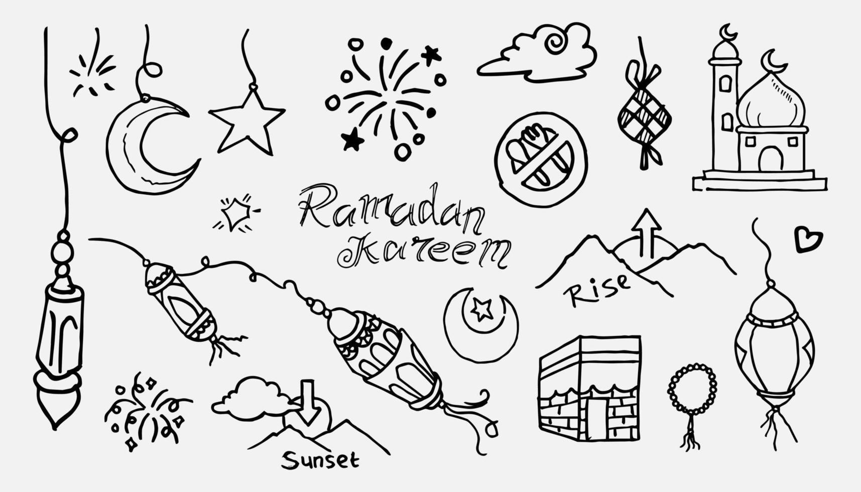 doodles zeer fijne tekeningen van ramadan kareem wenskaart concept. vectorillustratie. vector